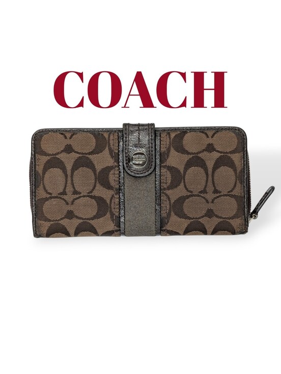 Coach Handbags - Coach Signature C Jacquard Canvas Patent Leather Zip Around Folding Wallet Dark